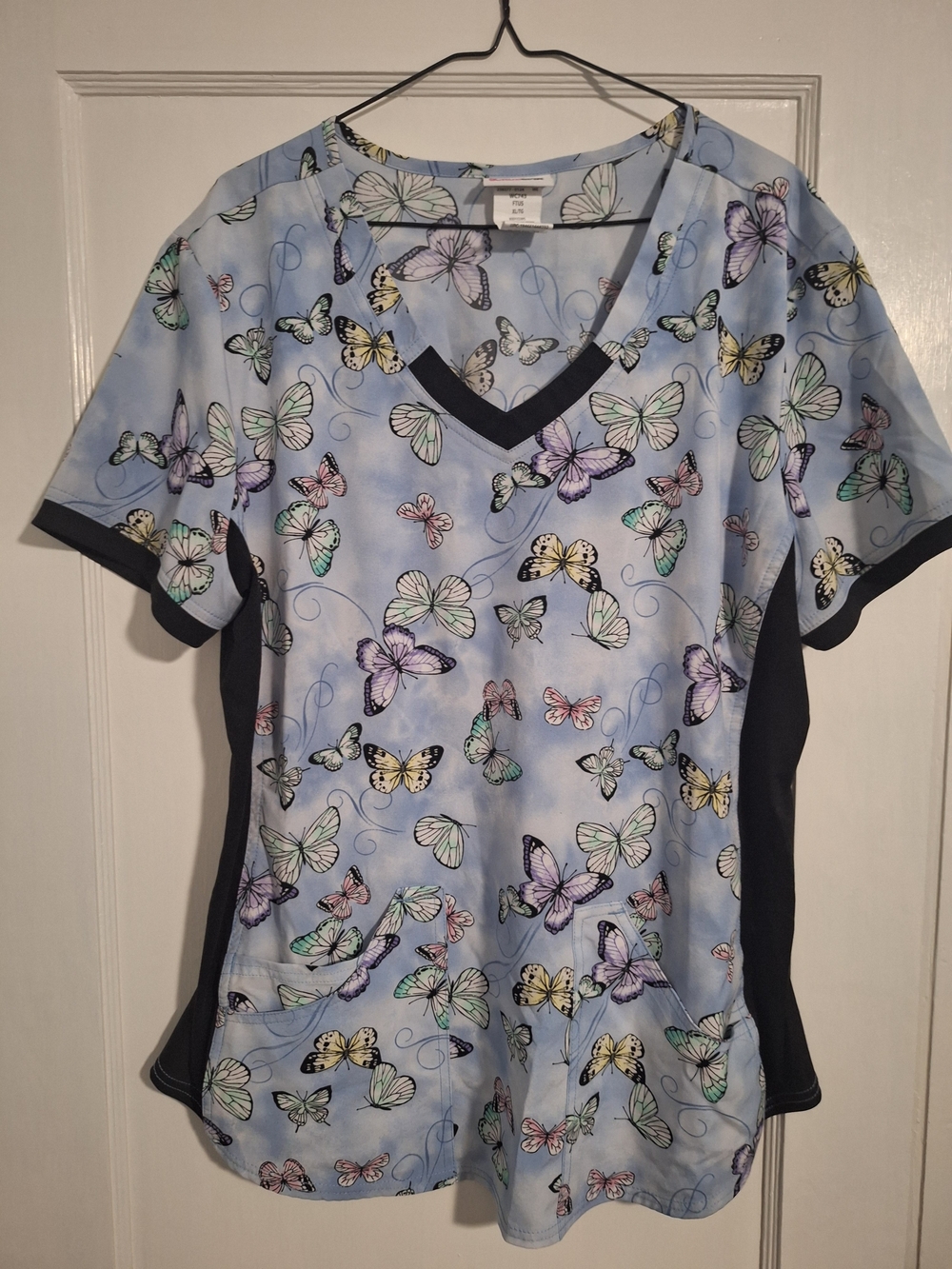 Scrubstar Light Blue Butterfly Print V-Neck Scrub Top with Navy Trim